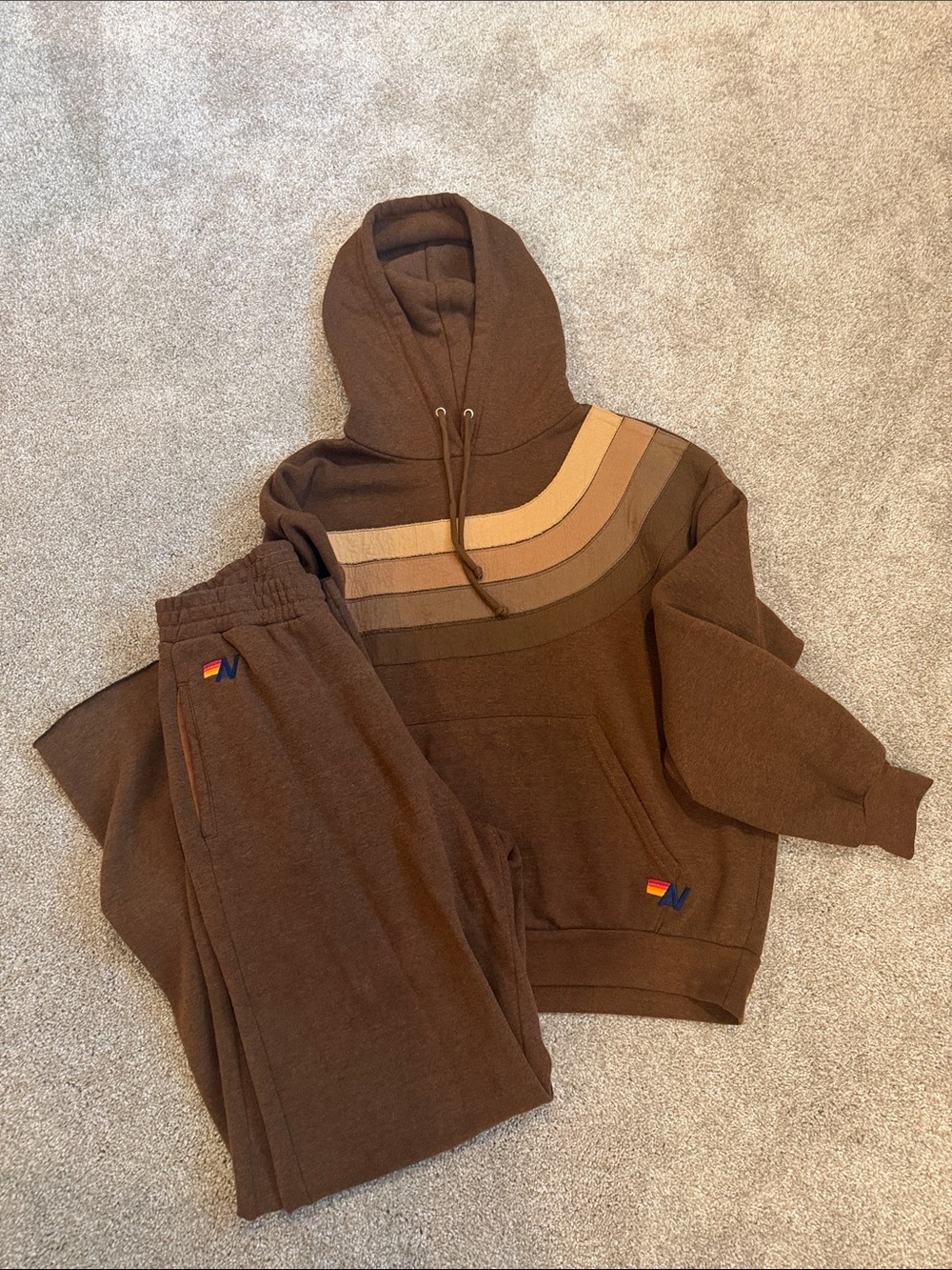 Aviator Nation Brown Hoodie with stripes XS AND Brown wide leg sweatpants Small